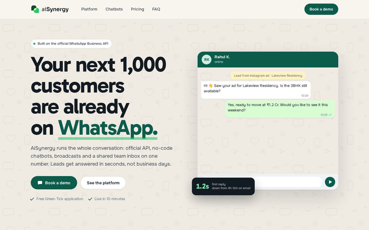 Option A home page: warm chat-wallpaper background with a live WhatsApp conversation in the hero