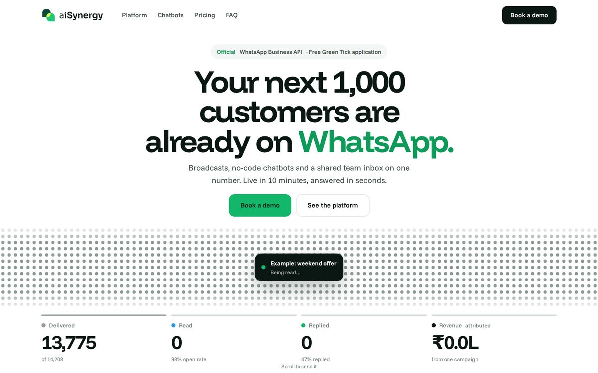 Option B home page: white background with a field of dots showing a broadcast being delivered, read and replied to